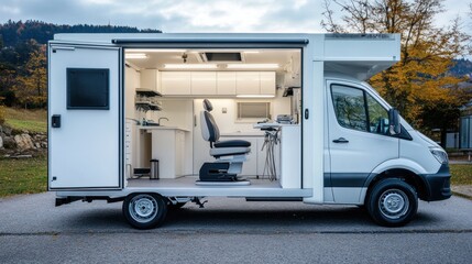 A mobile clinic with a chair and medical equipment, designed for healthcare on the go.