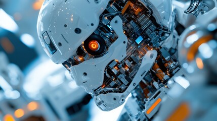 Fototapeta premium An extreme close-up of a humanoid robot's decentralized processing nodes, showcasing distributed intelligence and collaborative decision-making capabilities, Artificial intelligence technology style