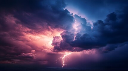 Fototapeta premium Dramatic Storm with Powerful Lightning Bolt against Ominous Clouds in Moody Sky