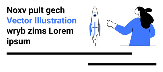 A woman in blue is pointing at a launching rocket with placeholder text. Ideal for startup concepts, innovation, business growth, technology, and educational materials. Banner for landing page