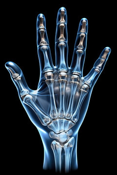realistic and very detailed x-ray photo of a humanoid metallic and computerised hand