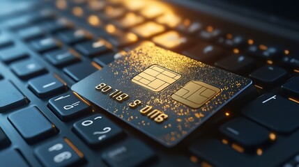 Credit card with lock on computer keyboard, technology security 