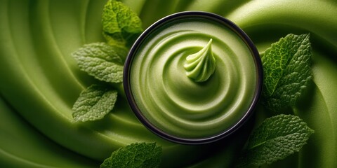 Obraz premium a green smoothie with mint leaves and a ring