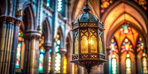 Obraz premium Arabic lantern shining in a gothic church cathedral, Arabic, lantern, gothic, church, cathedral, architecture