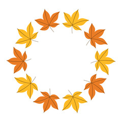 Maple Hand drawn Autumn yellow Leaf circle Frame background. Blank Fall season poster, postcard Empty round backdrop made of yellow Leaves.