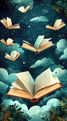 Books Soaring Through a Dreamy Sky
