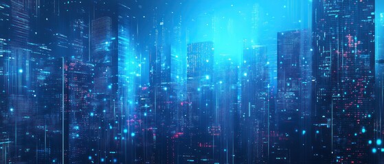 Obraz premium A futuristic cityscape illuminated by digital lights and data streams.