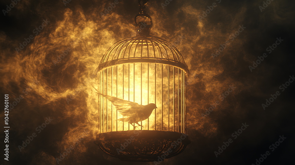 Poster A majestic bird enveloped in ethereal golden light within its cage symbolizing freedom and constraint in a captivating visual experience