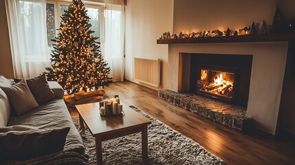 Cozy living room with a christmas tree embracing the warmth and joy of the holiday season