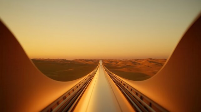 A panoramic view of a hyperloop system crossing a futuristic bridge with wide, clear skies and an expansive landscape