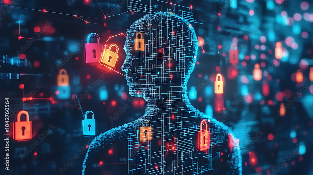 Poster exploring digital security the intersection of human identity and cyber protection illustrated throu