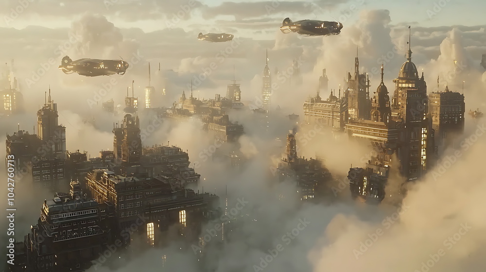 Aufkleber A vision of tomorrow exploring a futuristic cityscape with airships gliding through a cloudy atmosphere