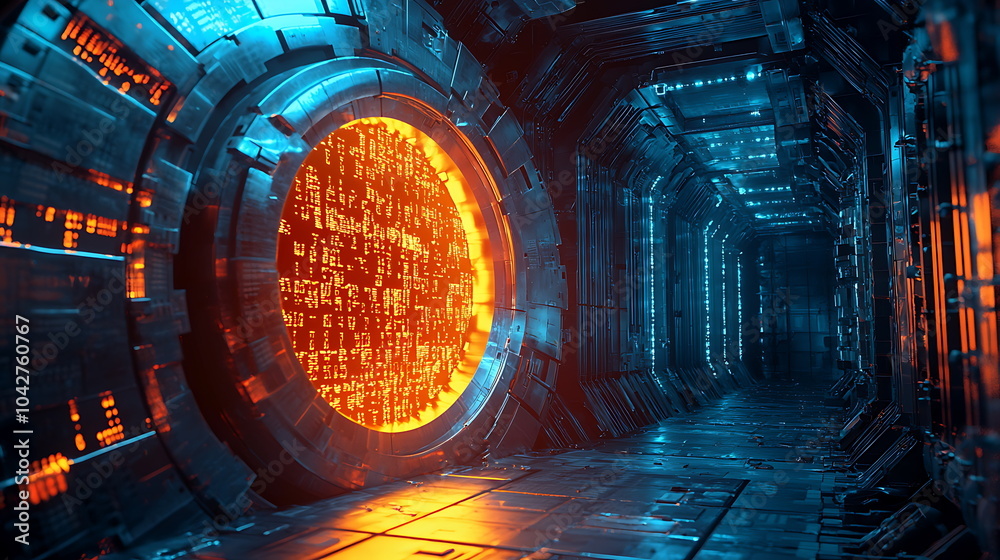 Poster exploring a futuristic corridor a glowing portal surrounded by neon lights and advanced technology a