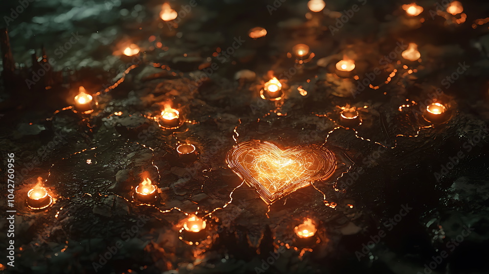 Poster Enchanting heartshaped illumination created with candles on a textured surface a symbol of love and warmth in a darkened space