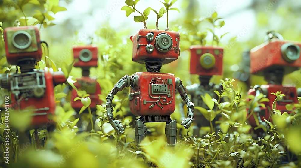 Aufkleber Exploring the evolution of robotics a vibrant field of mechanical beings in various stages of growth among nature's greens