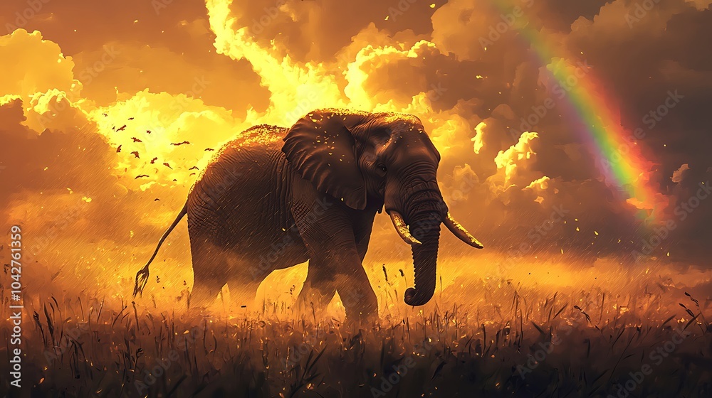 Poster a majestic elephant strolling through a golden sky adorned with rainclouds and a beautiful rainbow i