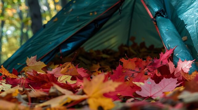 Autumn fallen maple leaves in full color on a green backdrop under a tent