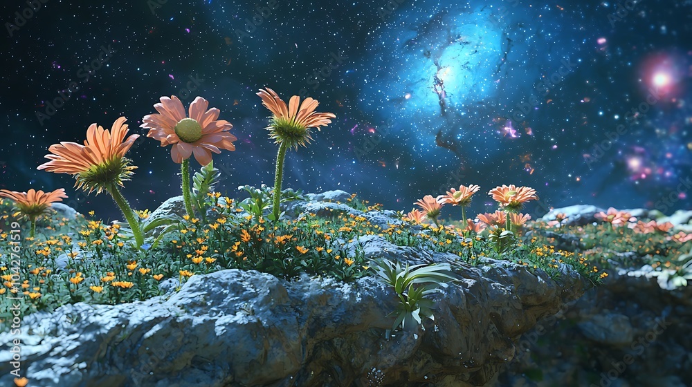 Poster a surreal flower field blossoms on a tiny floating planet amidst a cosmic backdrop of stars and gala