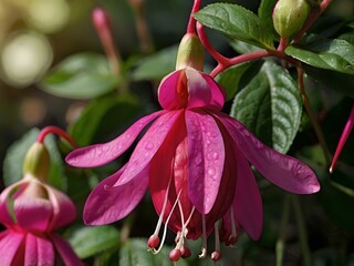Obraz premium Beautiful and charming fuchsia pink flowers photographed from close range in the garden next to the house