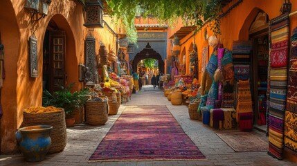 Fototapeta premium Vibrant marketplace with colorful textiles and spices.