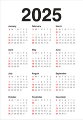 2025 year calendar vector design template