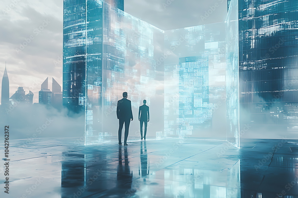 Poster Exploring the intersection of business and technology two figures analyzing digital results in a futuristic environment