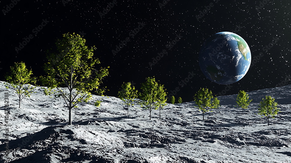 Poster Imagining a new frontier trees on the moon with earth in view blending nature and space exploration visions