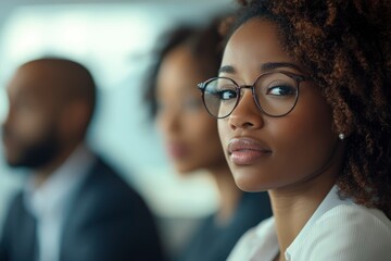 Close-up portrait of a confident young African American woman wearing glasses.