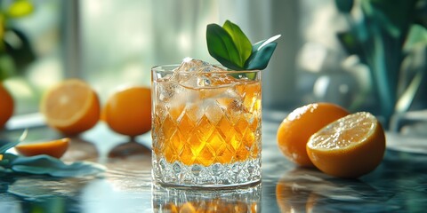 Fototapeta premium a glass of orange juice with a leaf on top