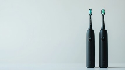 Fototapeta premium Two modern electric toothbrushes displayed on a minimalistic background.