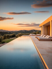 Fototapeta premium Tranquil sunset at a luxurious villa with an infinity pool overlooking the serene landscape