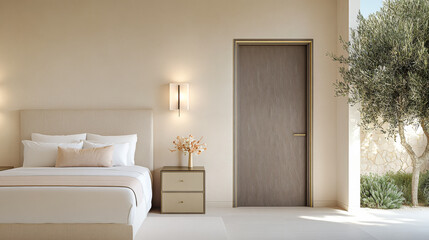 Cozy modern bedroom with neutral tones and elegant decor overlooking a serene garden