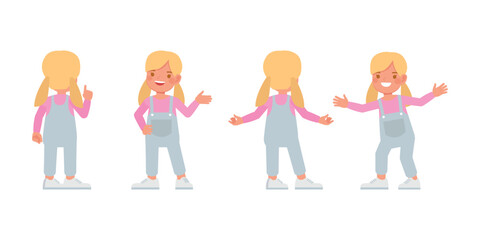 Kid wear blue denim jumpsuit character set. Girl smiling vector illustration design.