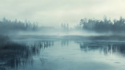 Fototapeta premium Misty Morning Landscape with Flying Birds