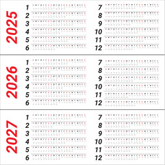 2025 2026 2027 year calendar vector design template