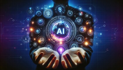 Immersive AI Experience: Person Using VR Headset Interacting with Holographic AI Interface, Featuring Digital Icons for Data Processing, Automation, and Global Connectivity