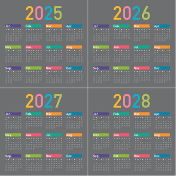2025 2026 2027 2028 year calendar vector design template