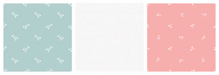 Small Flowers and Polka Dots. Vector Set of three Seamless Patterns.