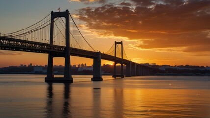 Obraz premium A suspension bridge silhouetted against a vibrant orange sunset over a calm body of water.