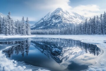 A snow-capped mountain peak reflected in the icy water of a frozen lake.