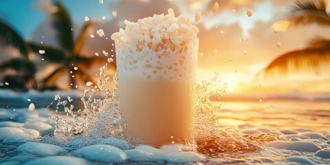 a glass of milk is on the beach