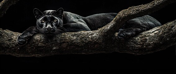 Fototapeta premium A black panther resting on a branch in a dark environment, showcasing its sleek form.