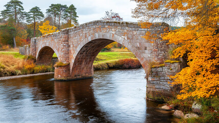 Fototapeta premium A historic Scottish stone bridge crossing a tranquil river, surrounded by autumn foliage. v2