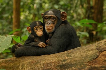 A mother chimpanzee and her baby resting on a log in a lush forest.