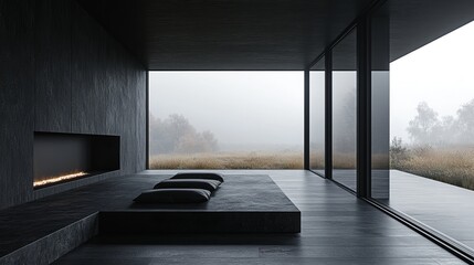 This minimalist style rural house features panoramic windows and striking black walls, a clean background, and smooth design that highlights the elegance and simplicity of contemporary architecture