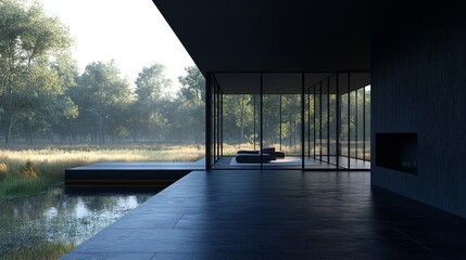 Fototapeta premium This minimalist style rural house features panoramic windows and striking black walls, a clean background, and smooth design that highlights the elegance and simplicity of contemporary architecture