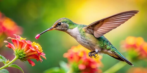 Fototapeta premium hummingbird colibri feeding on a flower in panoramic view