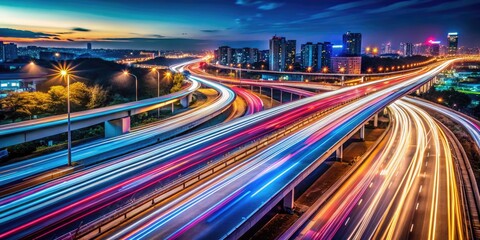 Obraz premium High-Speed Motion on Night Highway with Abstract Light Trails, Futuristic Transportation Technology Concept, Dynamic Urban Landscape, Energy Flow, Modern Travel, Nighttime Adventure