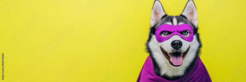 Poster A playful husky wearing a superhero mask and cape against a bright yellow background.