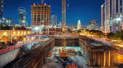 Fototapeta premium Nighttime construction site with cranes and city skyline.